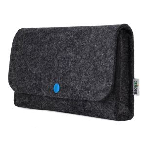 Small bag for electronics accessories made of anthracite wool felt with blue button