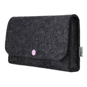 Small bag for electronics accessories made of anthracite wool felt with rose button