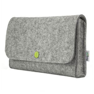 Small bag for electronics accessories made of light grey wool felt with apple green button