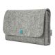 Small bag for electronics accessories made of light grey wool felt with azur button