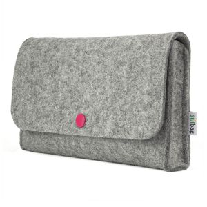 Small bag for electronics accessories made of light grey wool felt with pink button