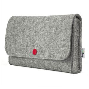 Small bag for electronics accessories made of light grey wool felt with red button