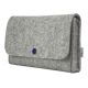 Small bag for electronics accessories made of light grey wool felt with violet button